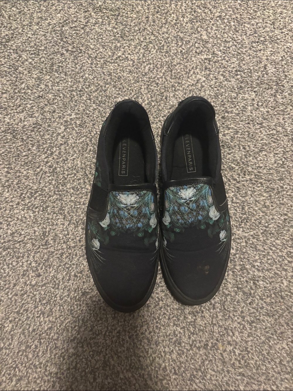 Eleven Paris Black Slip-On Sneakers with Teal and White Floral Print